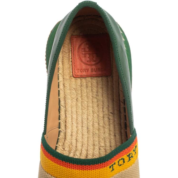 Pre Owned Tory Burch Multicolor Leather And Woven Fabric Logo Espadrilles Size 39