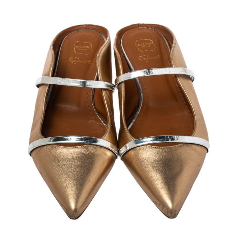 Pre Owned Malone Souliers Metalic Gold Leather Maureen Flat Mule Size 41