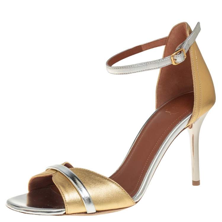 Pre Owned Malone Souliers Gold/Silver Leather Miranda Ankle Strap Sandals Size 37