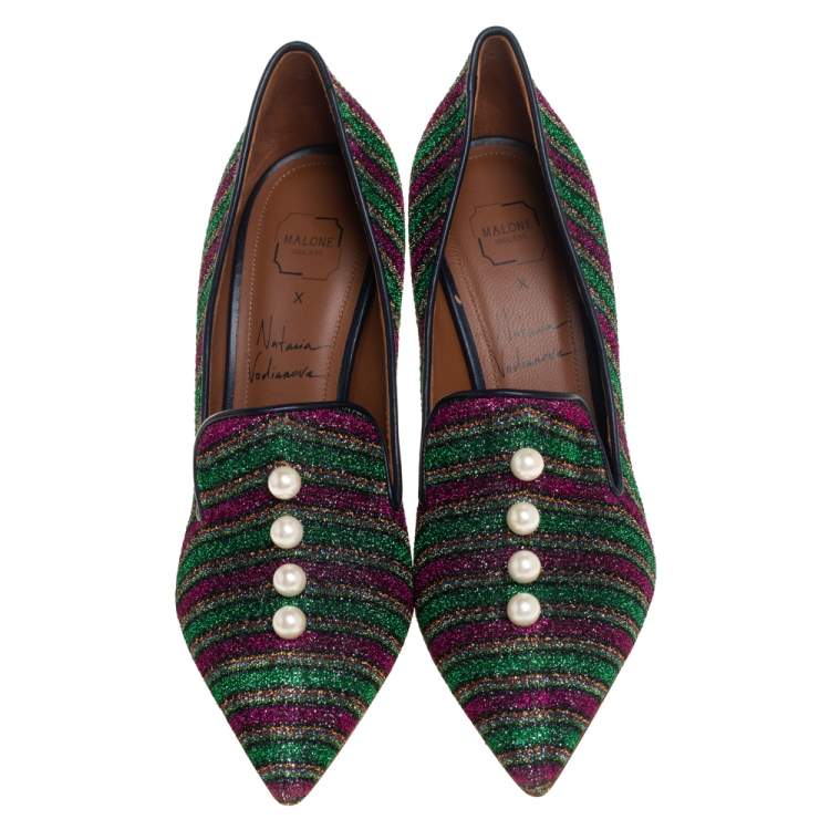 مملوكة مسبقًا Malone Souliers x Natalia Vodianova Multicolor Knit Fabric Faux Pearl Lubov Loafer Pumps Size 37