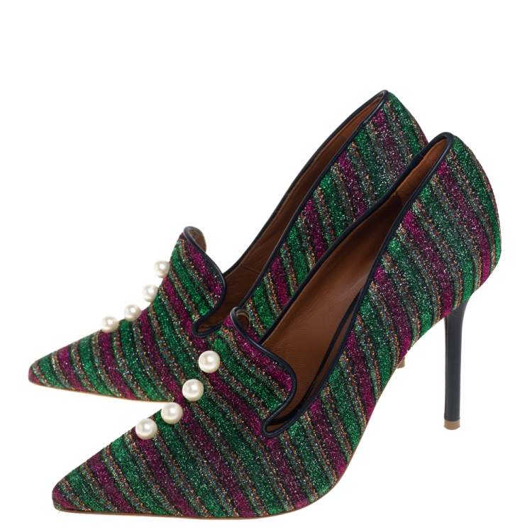 مملوكة مسبقًا Malone Souliers x Natalia Vodianova Multicolor Knit Fabric Faux Pearl Lubov Loafer Pumps Size 37