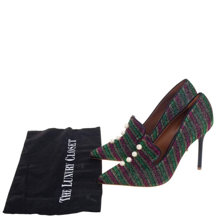مملوكة مسبقًا Malone Souliers x Natalia Vodianova Multicolor Knit Fabric Faux Pearl Lubov Loafer Pumps Size 37