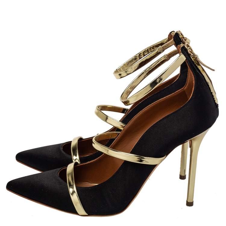 Pre Owned Malone Souliers Black/Gold Suede Robyn Ankle Strap Pumps Size 39.5