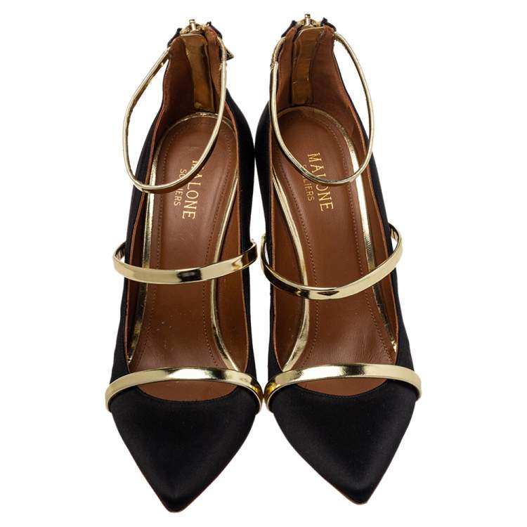 Pre Owned Malone Souliers Black/Gold Suede Robyn Ankle Strap Pumps Size 39.5