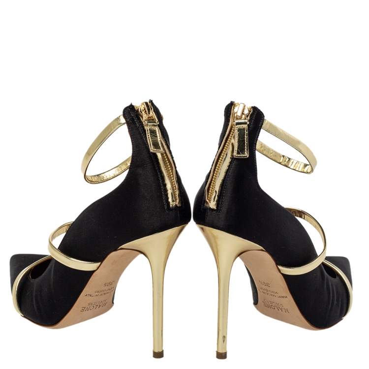 Pre Owned Malone Souliers Black/Gold Suede Robyn Ankle Strap Pumps Size 39.5