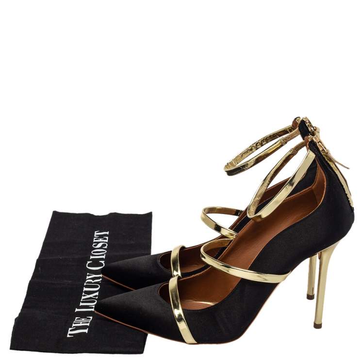 Pre Owned Malone Souliers Black/Gold Suede Robyn Ankle Strap Pumps Size 39.5
