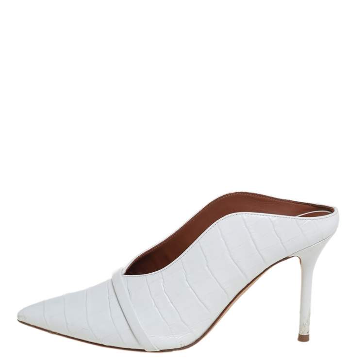 Pre Owned Malone Souliers White Croc Embossed Leather Maureen Pointed Toe Mule Sandals Size 37