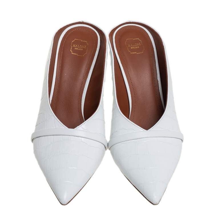 Pre Owned Malone Souliers White Croc Embossed Leather Maureen Pointed Toe Mule Sandals Size 37