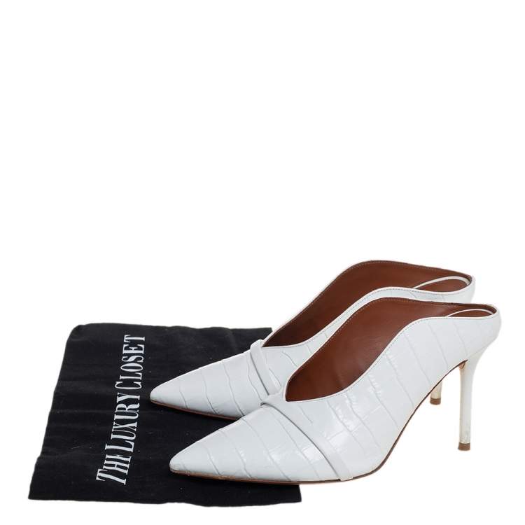 Pre Owned Malone Souliers White Croc Embossed Leather Maureen Pointed Toe Mule Sandals Size 37