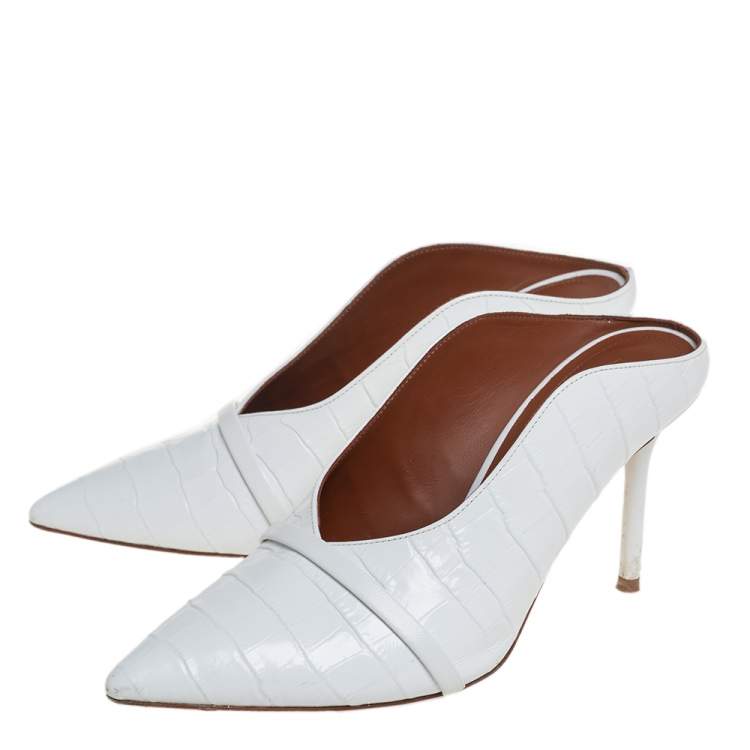 Pre Owned Malone Souliers White Croc Embossed Leather Maureen Pointed Toe Mule Sandals Size 37