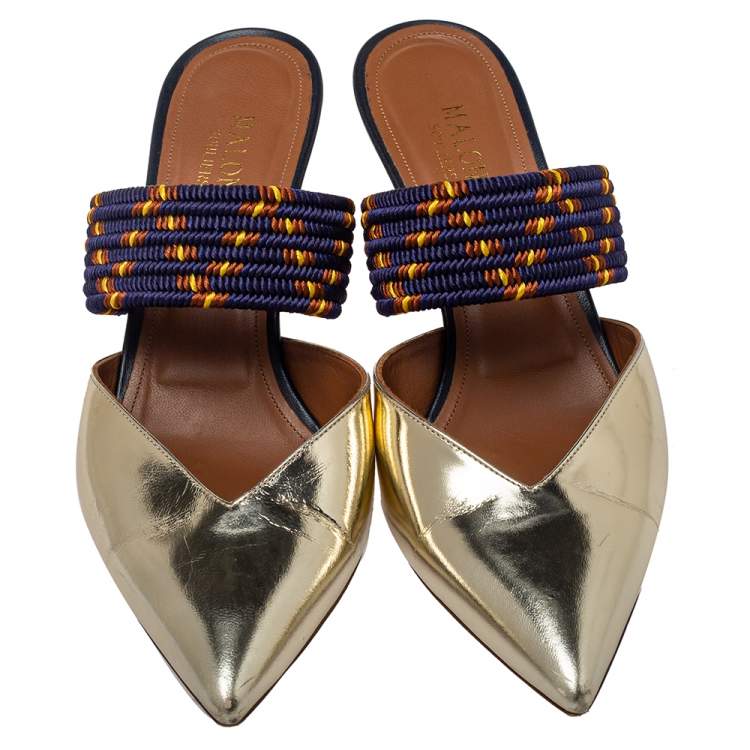 Pre Owned Malone Souliers Gold Leather And Canvas Maisie Sandals Size 38.5