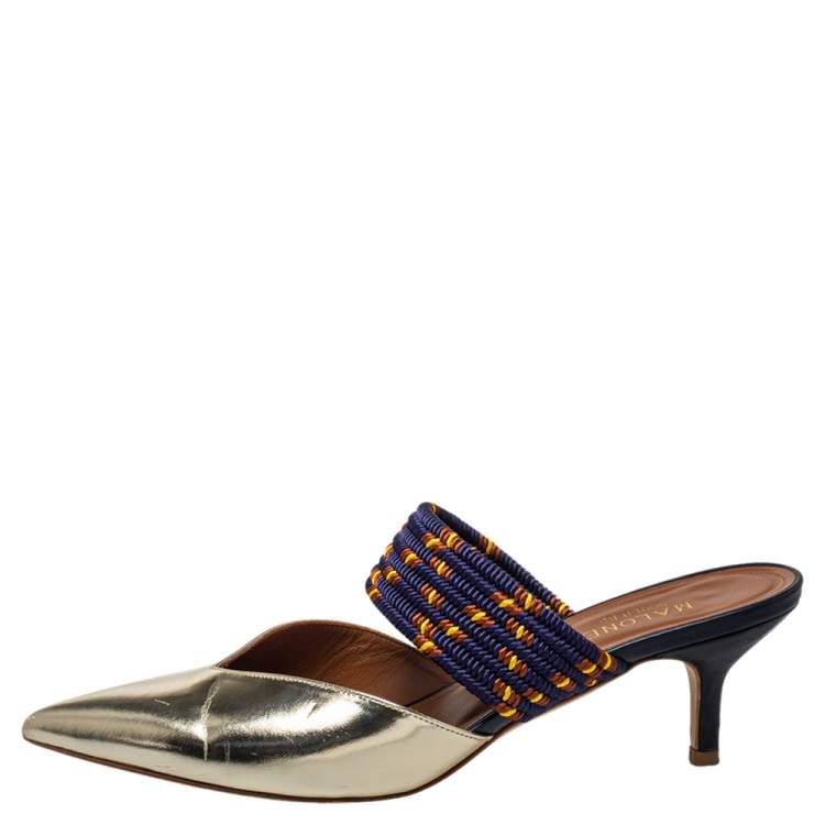 Pre Owned Malone Souliers Gold Leather And Canvas Maisie Sandals Size 38.5