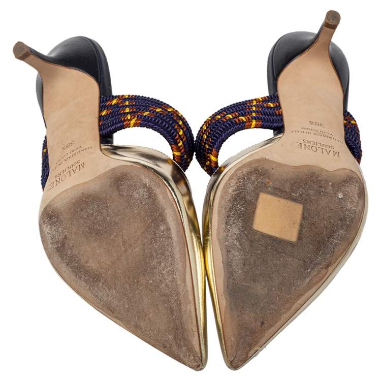 Pre Owned Malone Souliers Gold Leather And Canvas Maisie Sandals Size 38.5