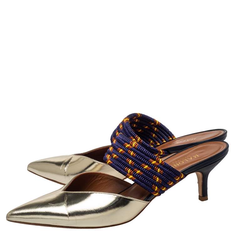 Pre Owned Malone Souliers Gold Leather And Canvas Maisie Sandals Size 38.5