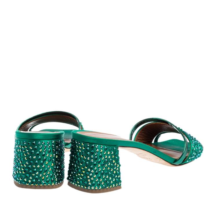 Pre Owned Malone Souliers Green Satin And Foil Leather Rosa Crystal Embellished Mules Size 39.5