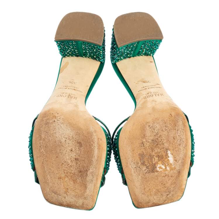 Pre Owned Malone Souliers Green Satin And Foil Leather Rosa Crystal Embellished Mules Size 39.5