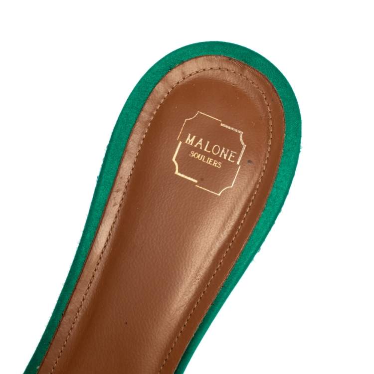 Pre Owned Malone Souliers Green Satin And Foil Leather Rosa Crystal Embellished Mules Size 39.5