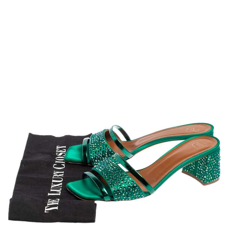 Pre Owned Malone Souliers Green Satin And Foil Leather Rosa Crystal Embellished Mules Size 39.5