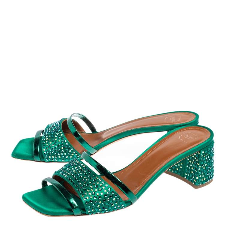 Pre Owned Malone Souliers Green Satin And Foil Leather Rosa Crystal Embellished Mules Size 39.5