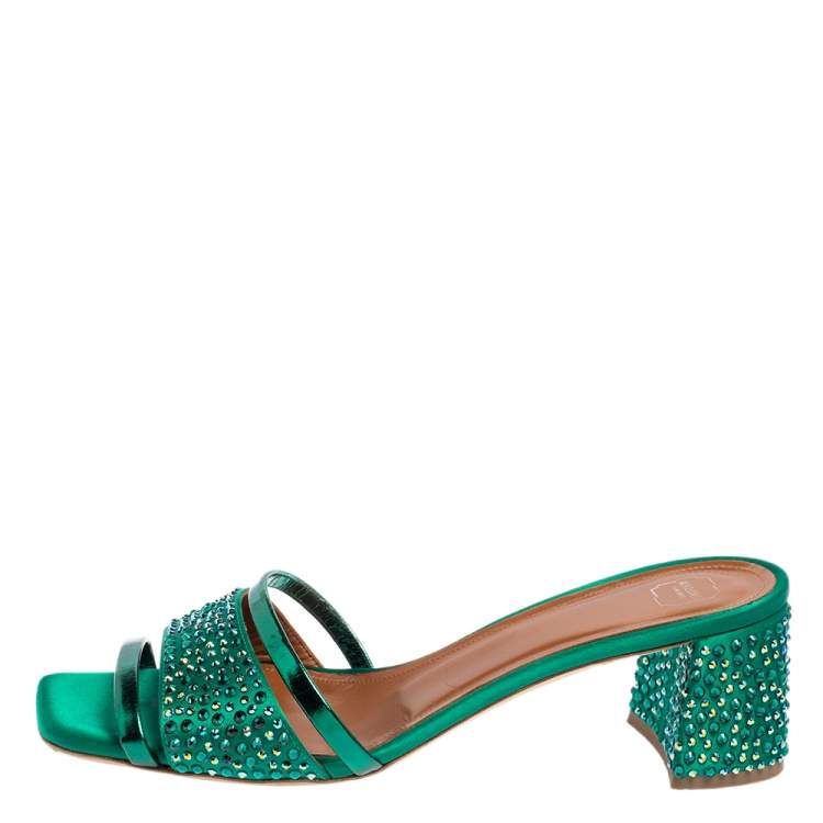 Pre Owned Malone Souliers Green Satin And Foil Leather Rosa Crystal Embellished Mules Size 39.5