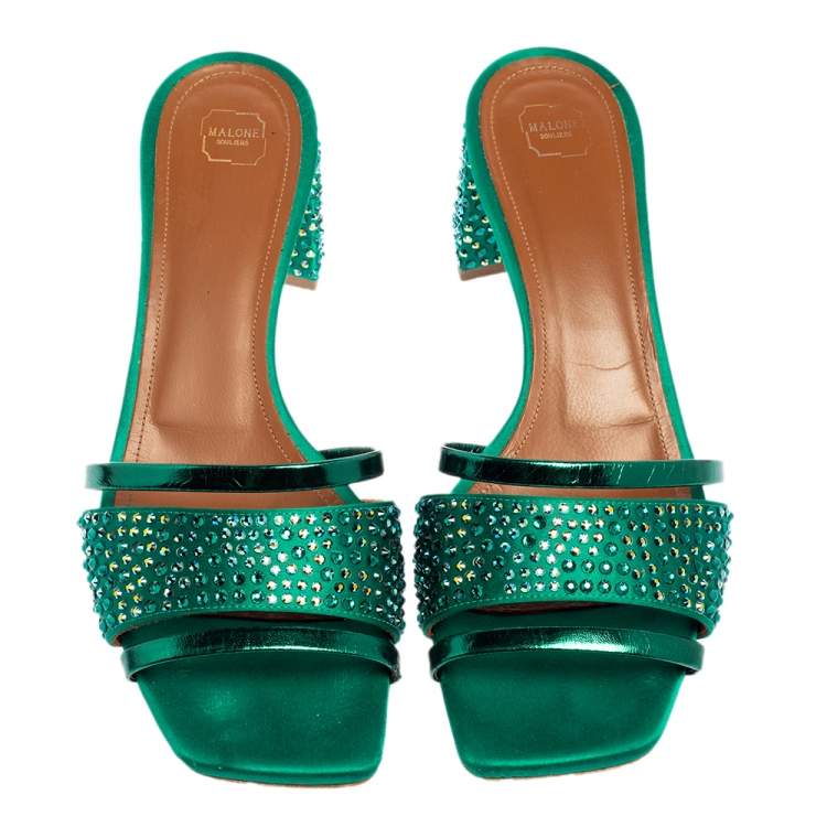 Pre Owned Malone Souliers Green Satin And Foil Leather Rosa Crystal Embellished Mules Size 39.5