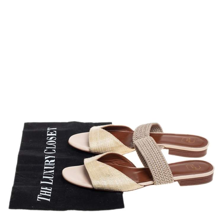 مملوكة مسبقًا Malone Souliers Cream Woven Raffia And Fabric Rodena Flat Slides Size 37