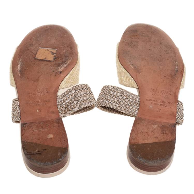 مملوكة مسبقًا Malone Souliers Cream Woven Raffia And Fabric Rodena Flat Slides Size 37