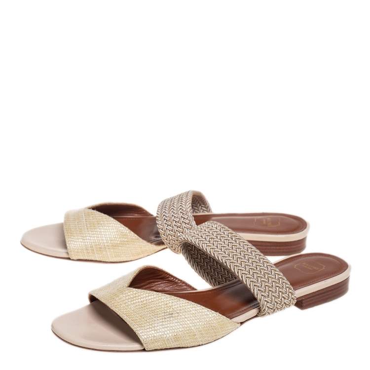 مملوكة مسبقًا Malone Souliers Cream Woven Raffia And Fabric Rodena Flat Slides Size 37
