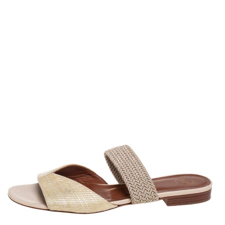 مملوكة مسبقًا Malone Souliers Cream Woven Raffia And Fabric Rodena Flat Slides Size 37
