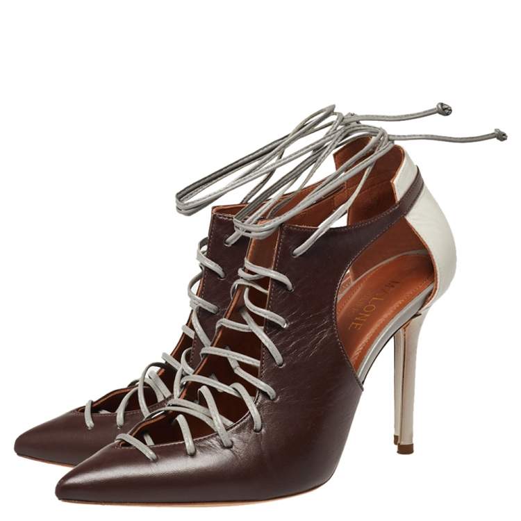 Pre Owned Malone Souliers Brown/Grey Leather Montana Lace Up Booties Size 35.5