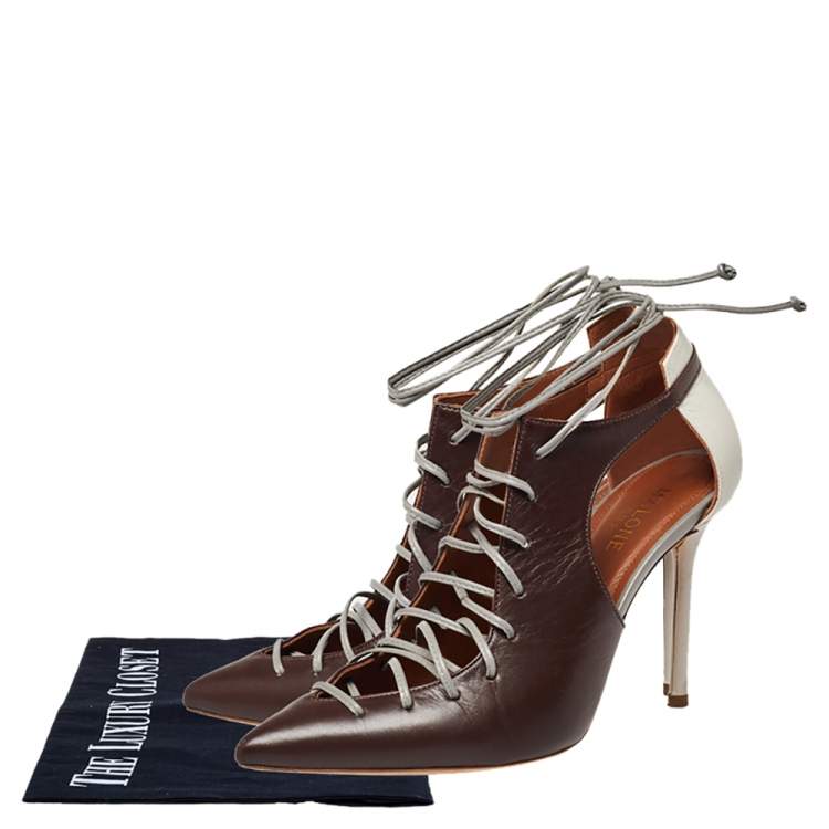 Pre Owned Malone Souliers Brown/Grey Leather Montana Lace Up Booties Size 35.5