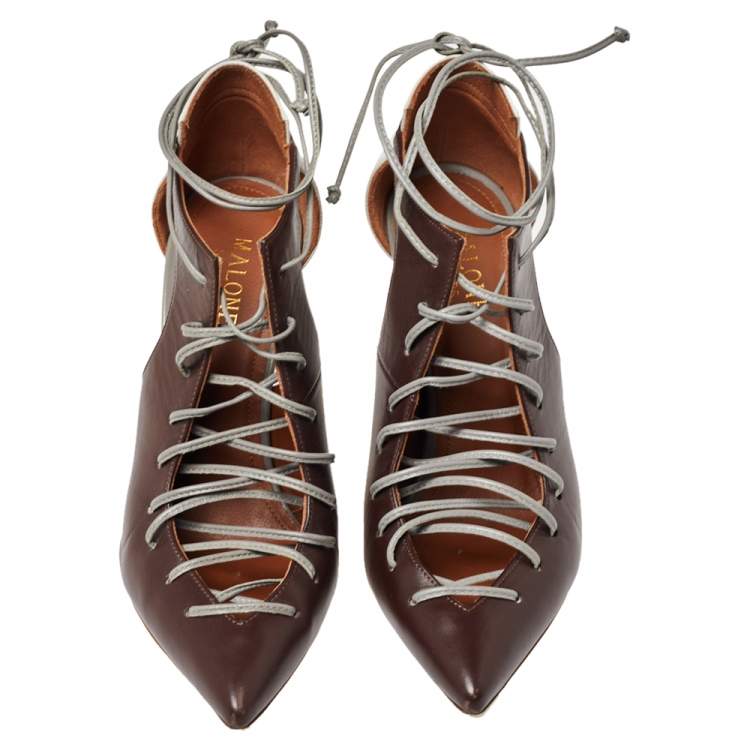 Pre Owned Malone Souliers Brown/Grey Leather Montana Lace Up Booties Size 35.5