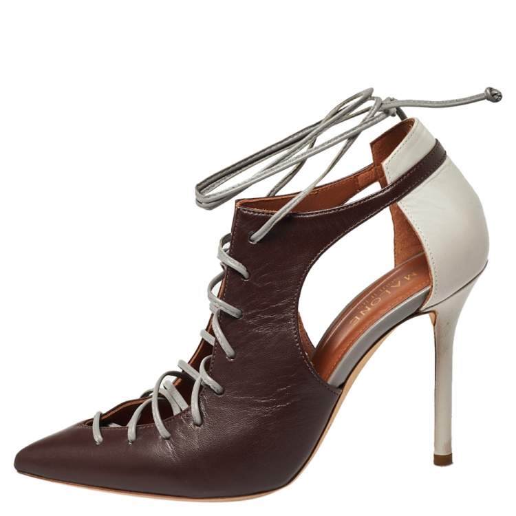 Pre Owned Malone Souliers Brown/Grey Leather Montana Lace Up Booties Size 35.5