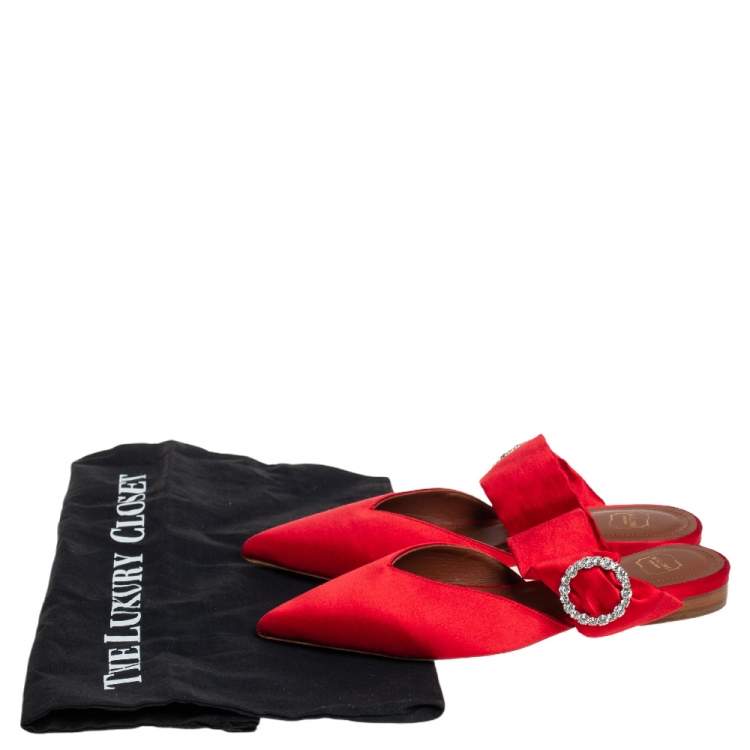 Pre Owned Malone Souliers Red Satin Maite Crystal Buckle Flats Size 36