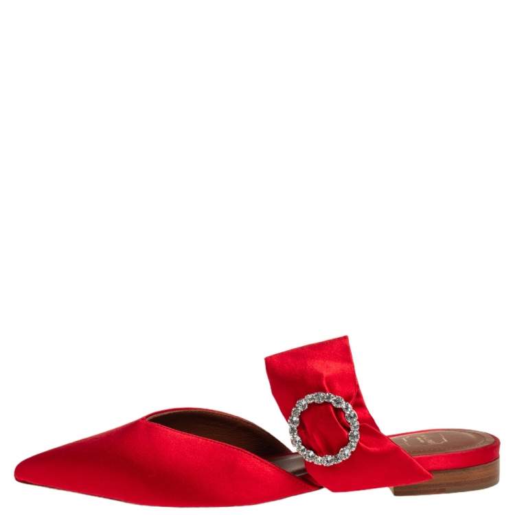 Pre Owned Malone Souliers Red Satin Maite Crystal Buckle Flats Size 36