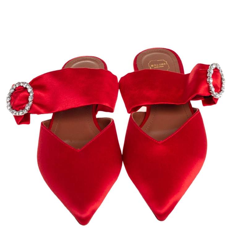 Pre Owned Malone Souliers Red Satin Maite Crystal Buckle Flats Size 36