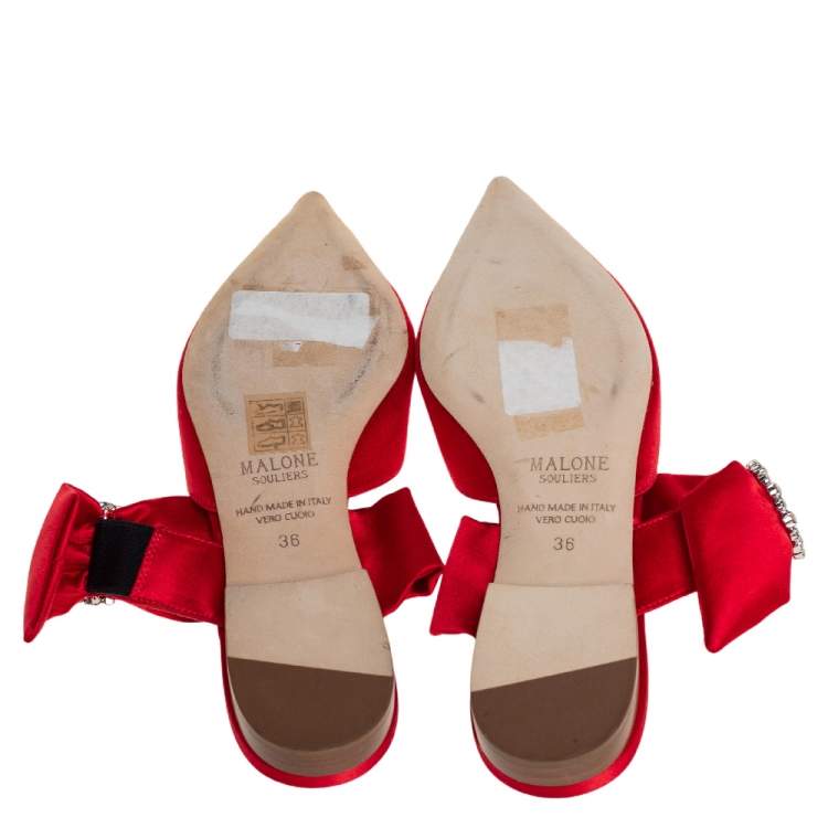 Pre Owned Malone Souliers Red Satin Maite Crystal Buckle Flats Size 36