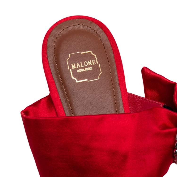 Pre Owned Malone Souliers Red Satin Maite Crystal Buckle Flats Size 36