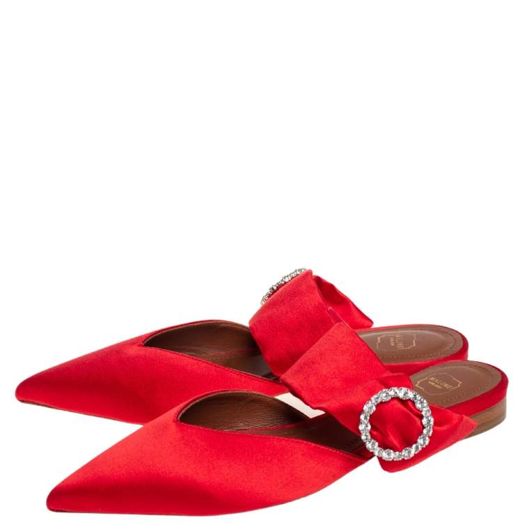 Pre Owned Malone Souliers Red Satin Maite Crystal Buckle Flats Size 36