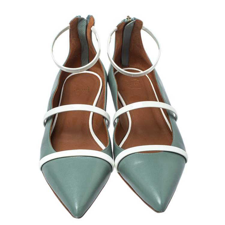 Pre Owned Malone Souliers Blue/White Patent And Leather Robyn Flats Size 39.5