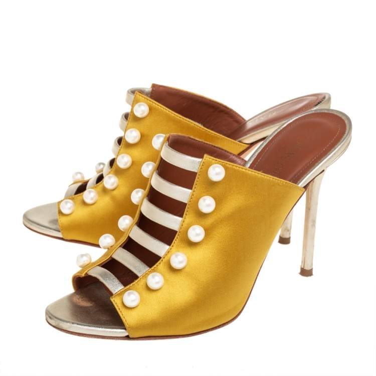 Pre Owned Malone Souliers Yellow/Gold Leather And Satin Zada Mule Sandals Size 38