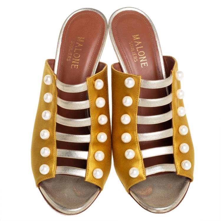 Pre Owned Malone Souliers Yellow/Gold Leather And Satin Zada Mule Sandals Size 38