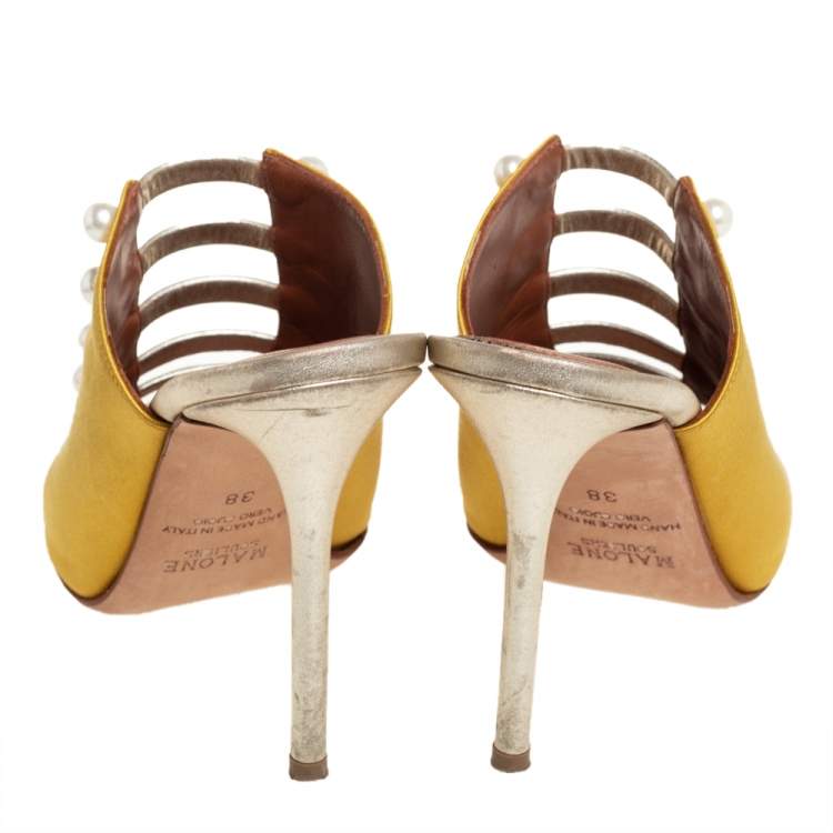 Pre Owned Malone Souliers Yellow/Gold Leather And Satin Zada Mule Sandals Size 38