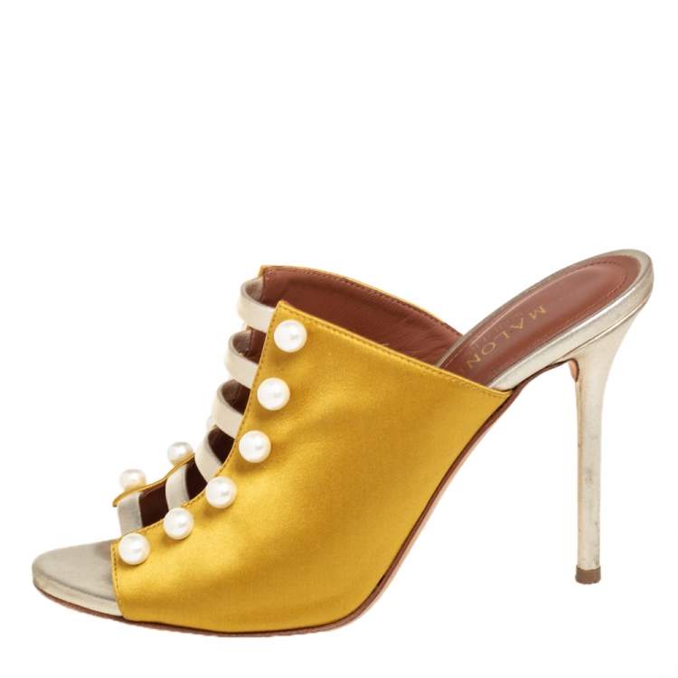 Pre Owned Malone Souliers Yellow/Gold Leather And Satin Zada Mule Sandals Size 38