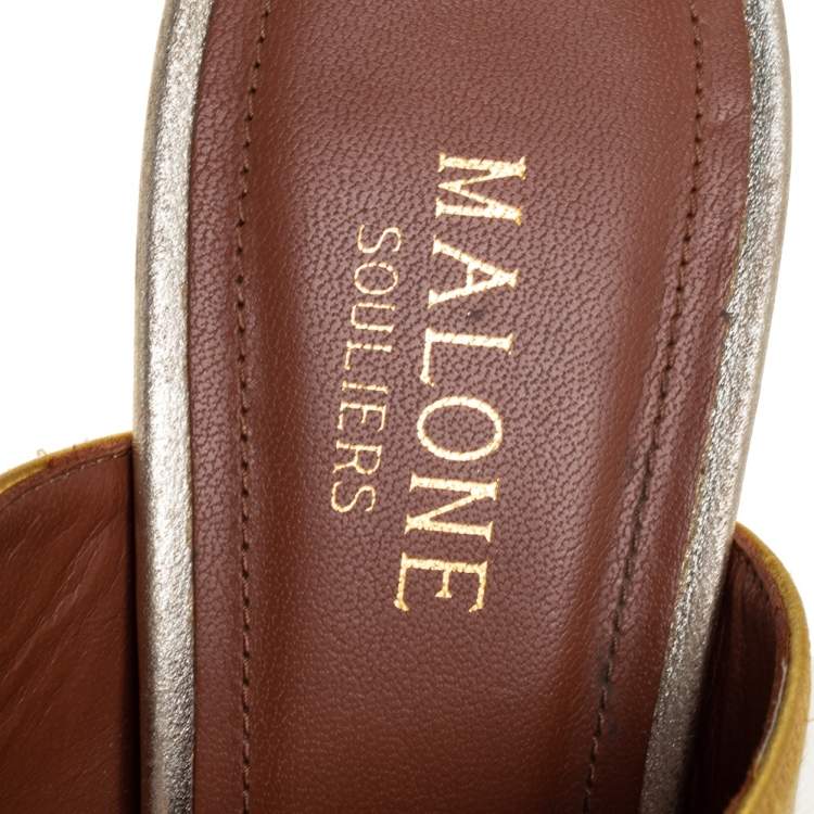 Pre Owned Malone Souliers Yellow/Gold Leather And Satin Zada Mule Sandals Size 38