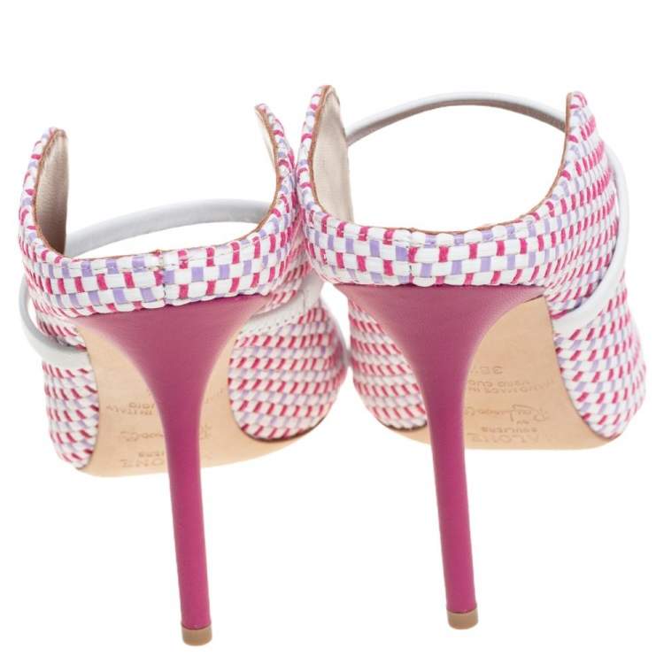 Pre Owned Malone Souliers Multicolor Raffia And White Leather Trim Maureen Pointed Toe Mules Size 38.5