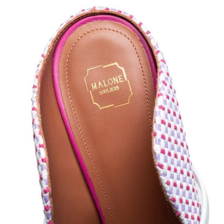 Pre Owned Malone Souliers Multicolor Raffia And White Leather Trim Maureen Pointed Toe Mules Size 38.5