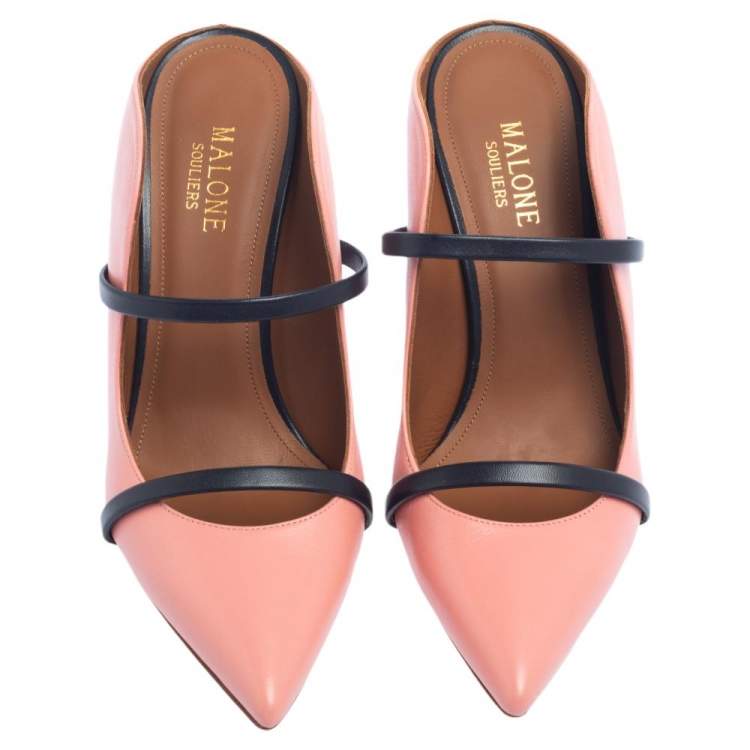 Pre Owned Malone Souliers Pink/Blue Leather Maureen Pointed Toe Mules Size 37.5