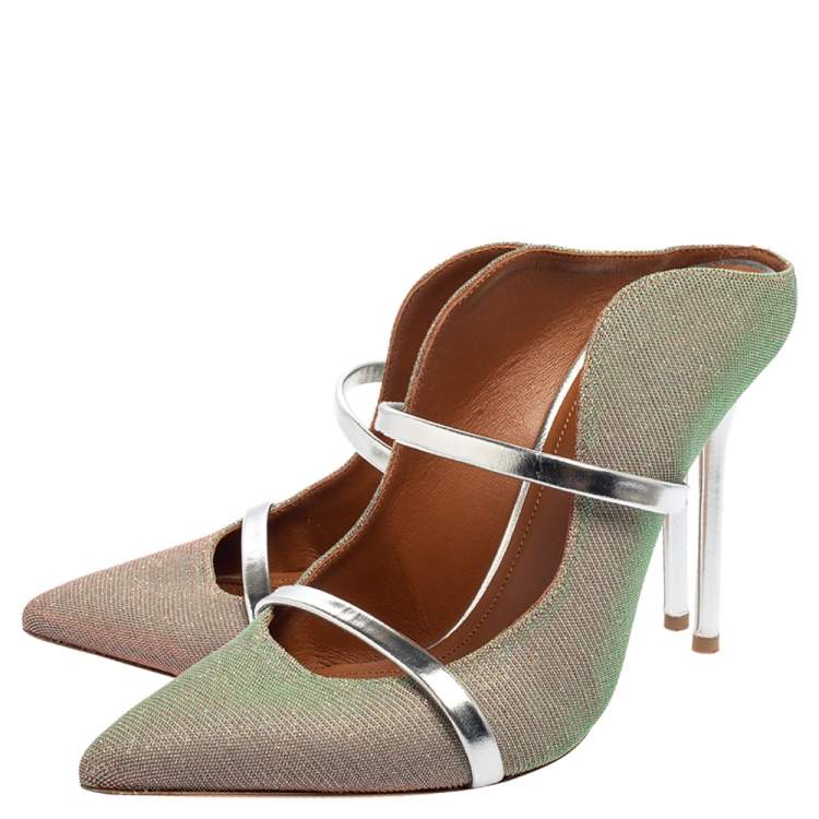 Pre Owned Malone Souliers Green/Silver Leather And Glitter Maureen Sandals Size 38