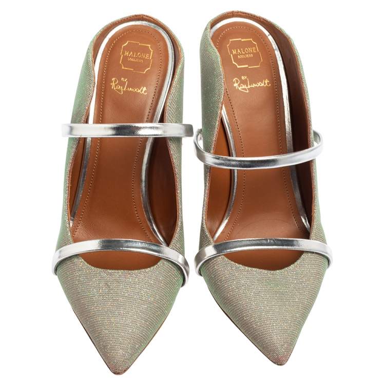 Pre Owned Malone Souliers Green/Silver Leather And Glitter Maureen Sandals Size 38